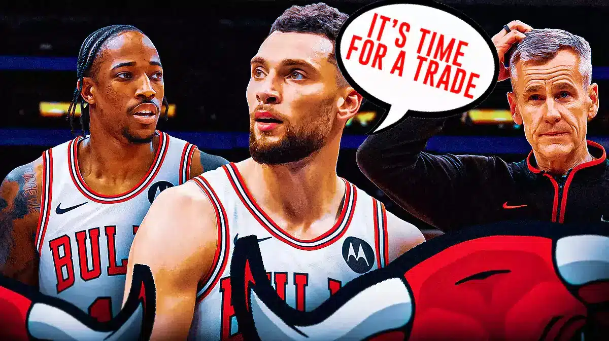 Zach LaVine saying "It's time for a trade" next to Billy Donovan and DeMar DeRozan [NBA trade deadline]