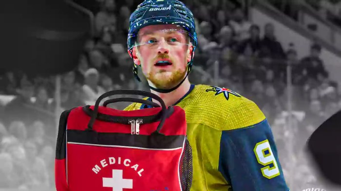 Golden Knights center Jack Eichel with a medical bag.