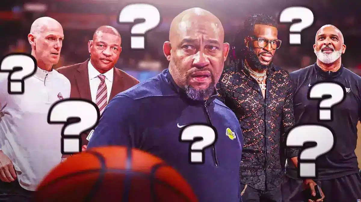 Lakers' Darvin Ham with a cross mark and question marks all over him, with Doc Rivers, Phil Handy, Chris Jent, and Demarre Carroll (as coach) all looking at Ham