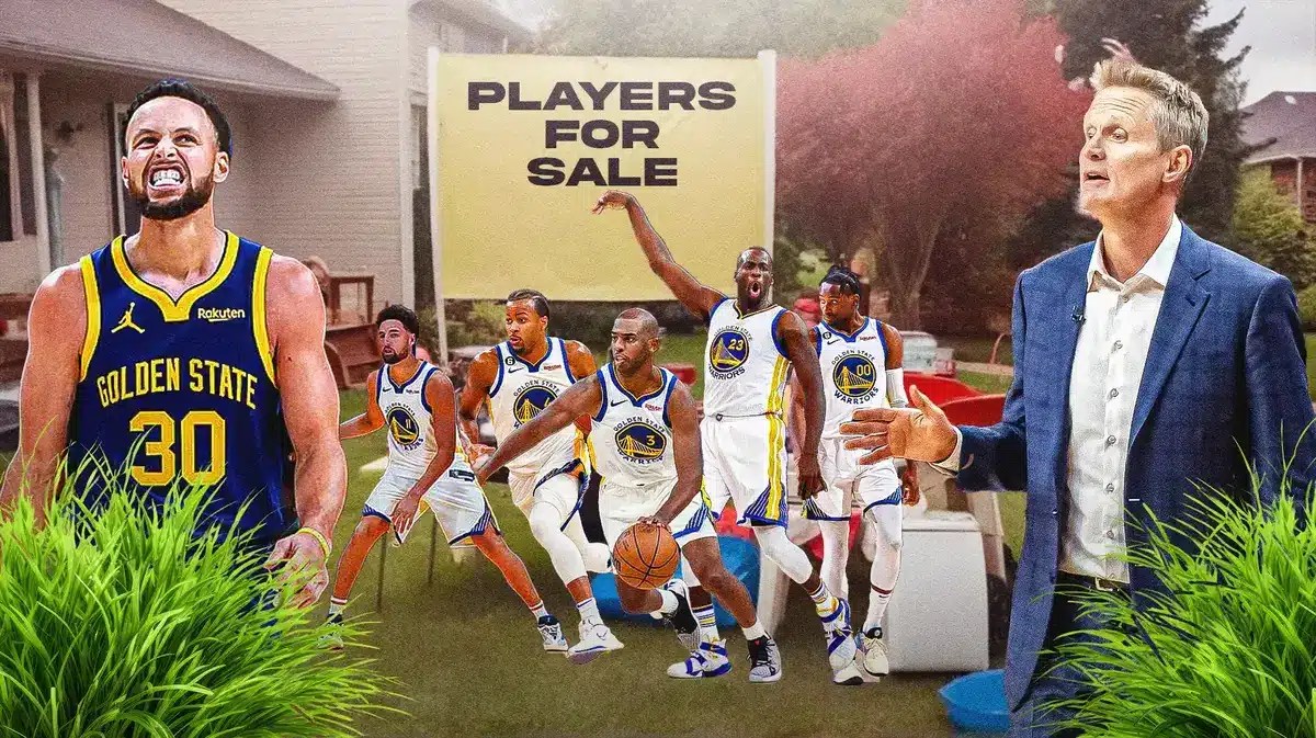 Warriors' Steve Kerr and Stephen Curry having an everything must go yard sale, with Klay Thompson, Jonathan Kuminga, Draymond Green, Moses Moody, Chris Paul all for sale