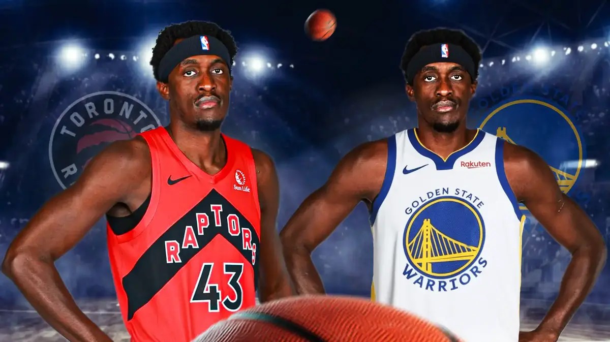 A double image of Pascal Siakam, one of him in his Raptors jersey and another one of him in a Warriors jersey