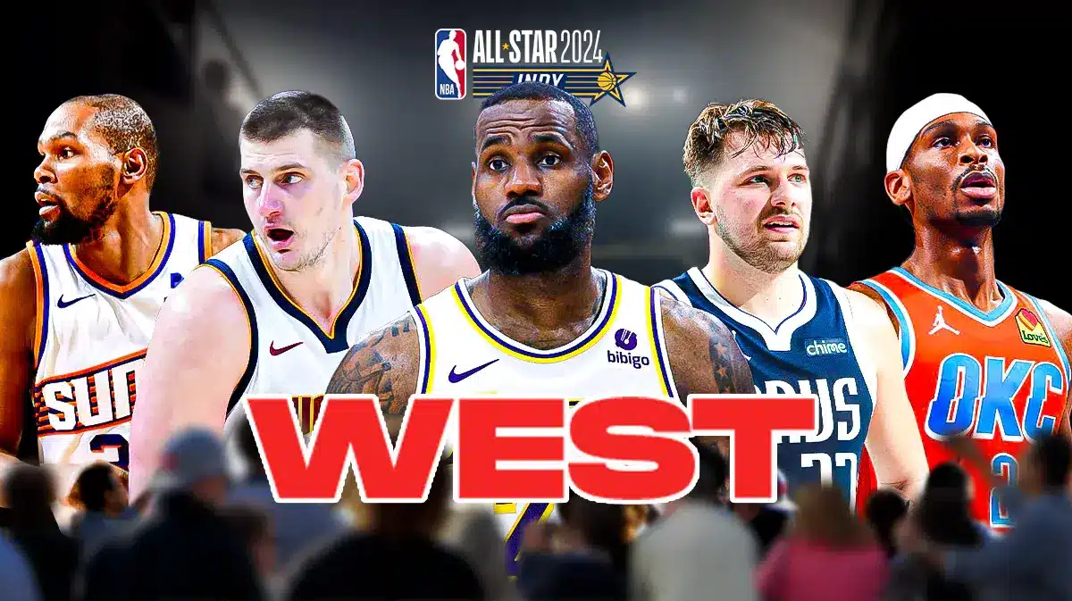 West All-Stars with LeBron James, Nikola Jokic, Kevin Durant, Luka Doncic, and Shai Gilgeous-Alexander