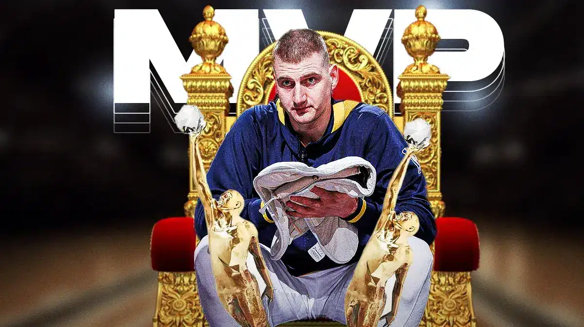 Nikola Jokic sitting on throne with MVP above him