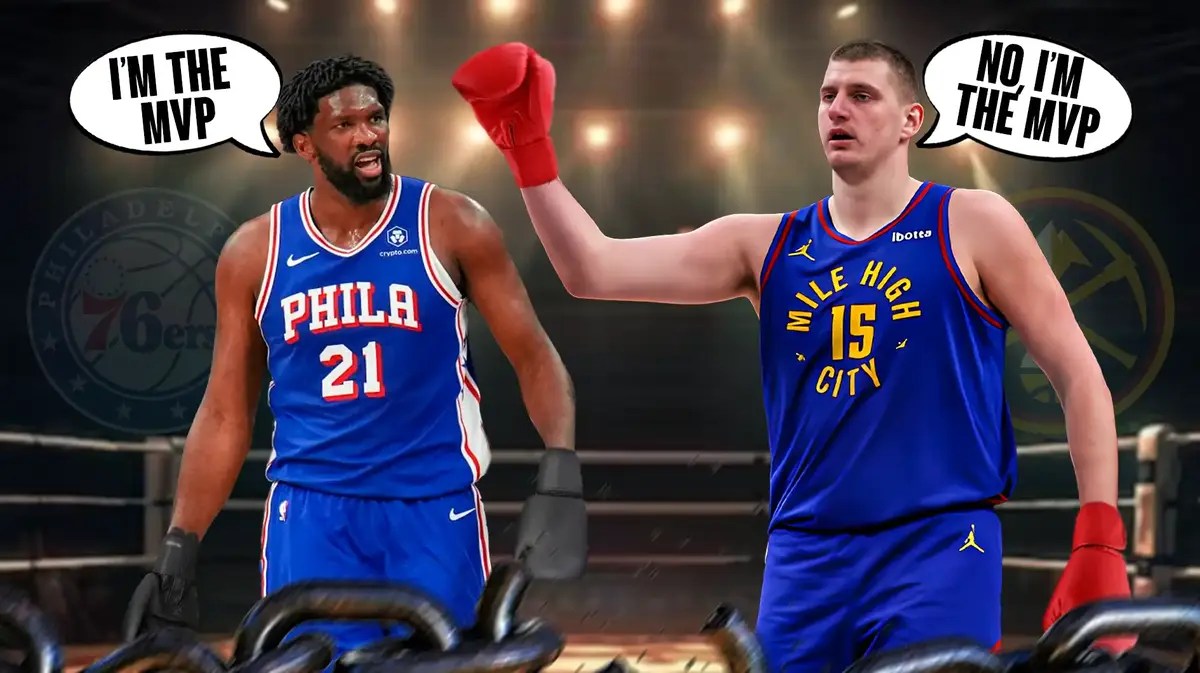 Joel Embiid and Nikola Jokic with boxing gloves. Embiid saying "I'm the MVP", Jokic saying "No, I;m the MVP!"