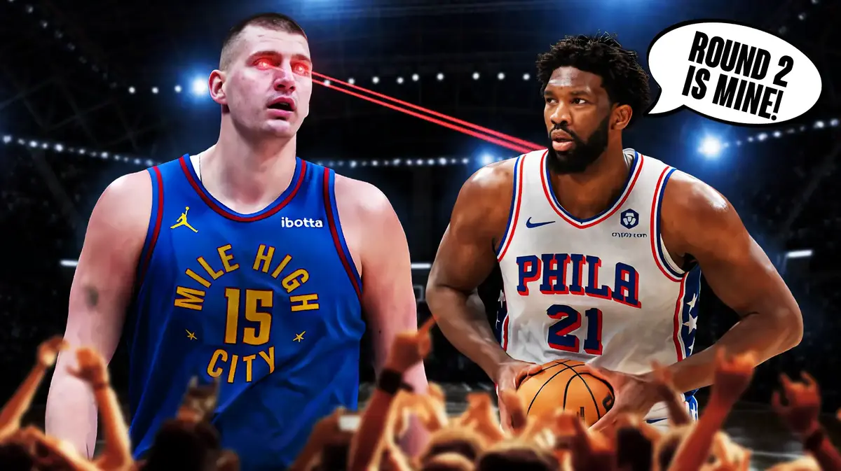 Nikola Jokic with lasers in his eyes and Embiid saying "Round 2 is mine"