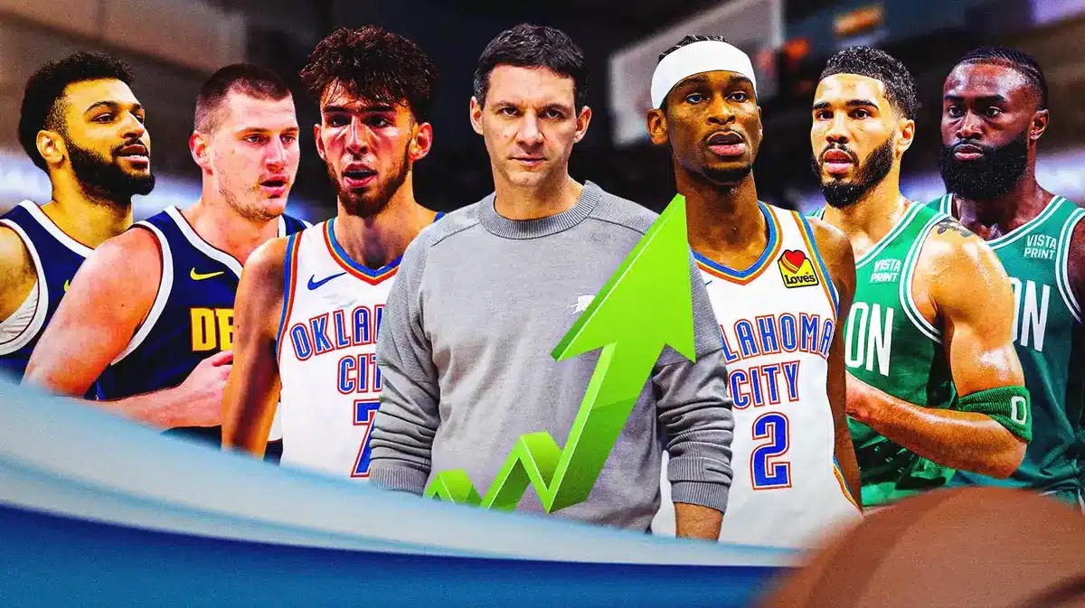 Thunder's Mark Daigneault, Shai Gilgeous-Alexander and Chet Holmgren with a green arrow trending up next to Jamal Murray, Nikola Jokic, Jayson Tatum, and Jaylen Brown