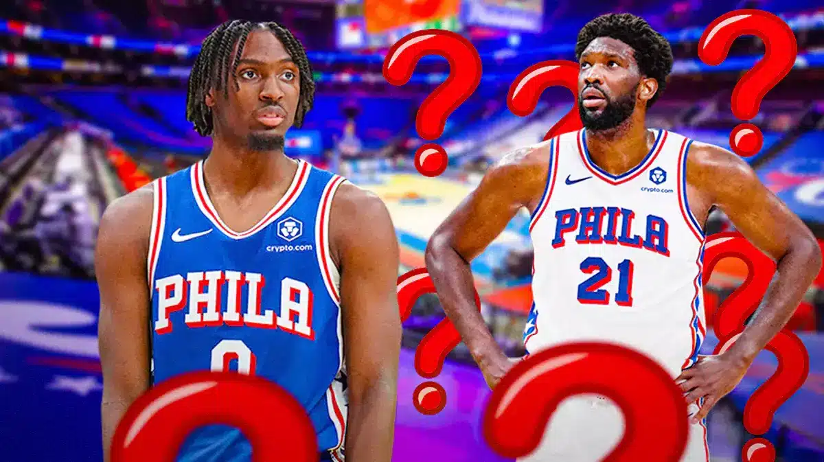 Tyrese Maxey and Joel Embiid with questions marks [76ers]