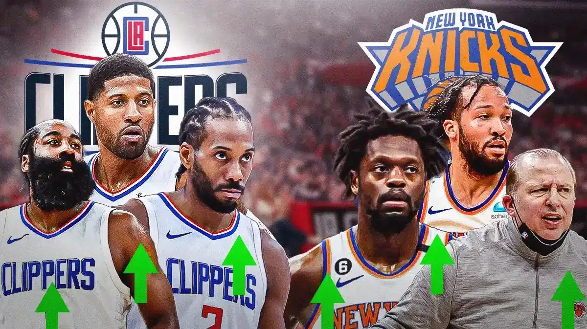 Clippers' Kawhi Leonard, James Harden and Paul George on the left; Knicks' Julius Randle, Jalen Brunson and Tom Thibodeau on the right