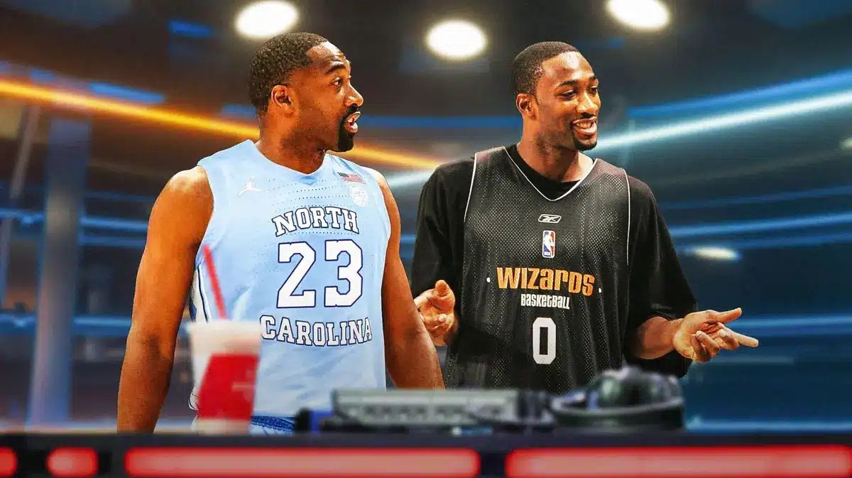 Gilbert Arenas wearing Jordan's North Carolina 23 and a wizards jersey