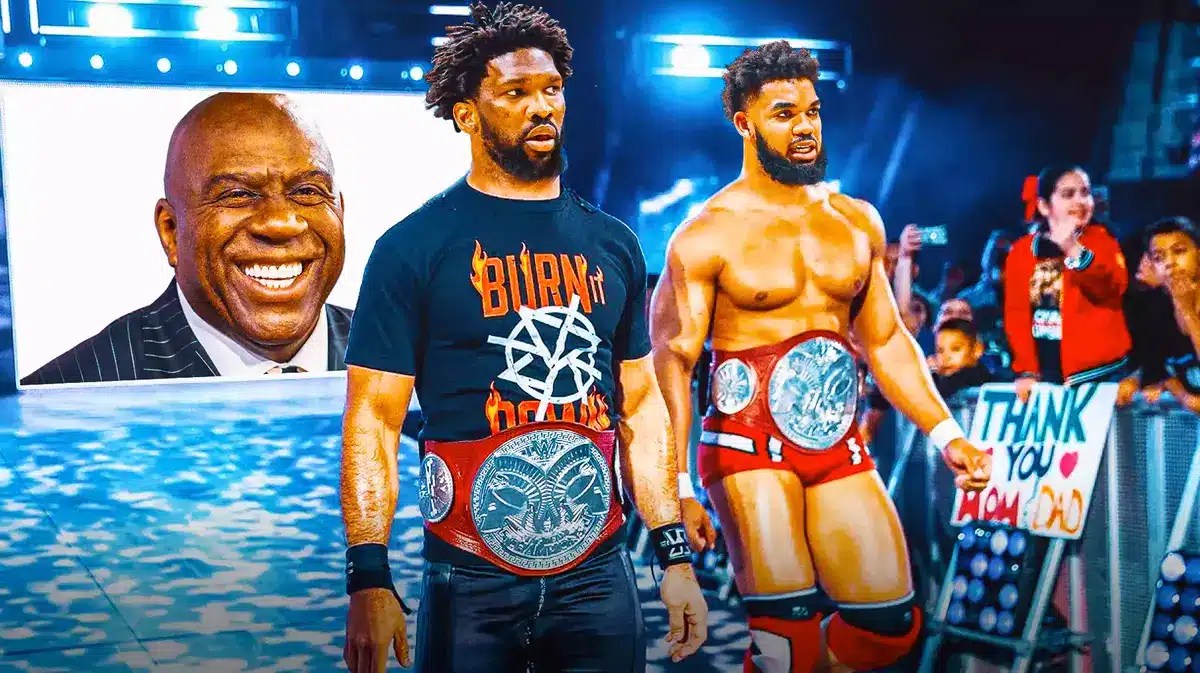 Joel Embiid (76ers) and Karl-Anthony Towns (Timberwolves) as wrestlers