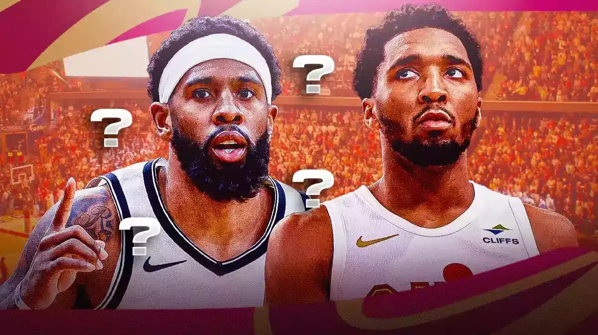Cleveland Cavaliers' Donovan Mitchell next to image of Brooklyn Nets' Royce O’Neale and question marks around O’Neale to symbolize he might be traded.