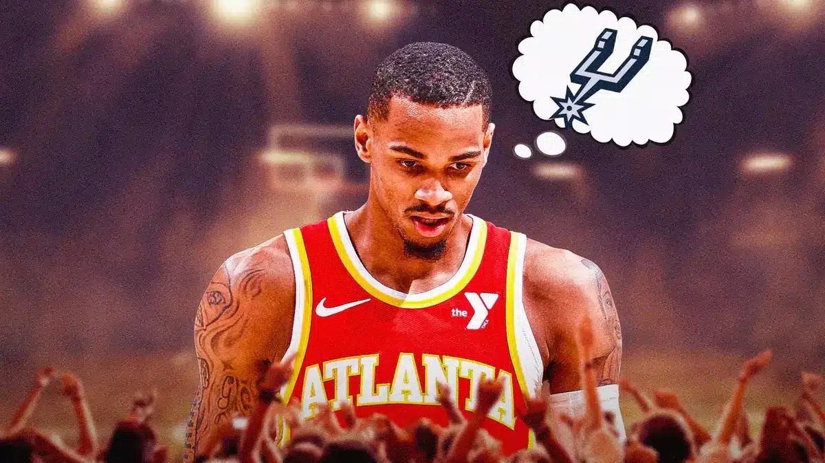 Hawks' Dejounte Murray in image. Give him a thought bubble. In the bubble, place the San Antonio Spurs logo.