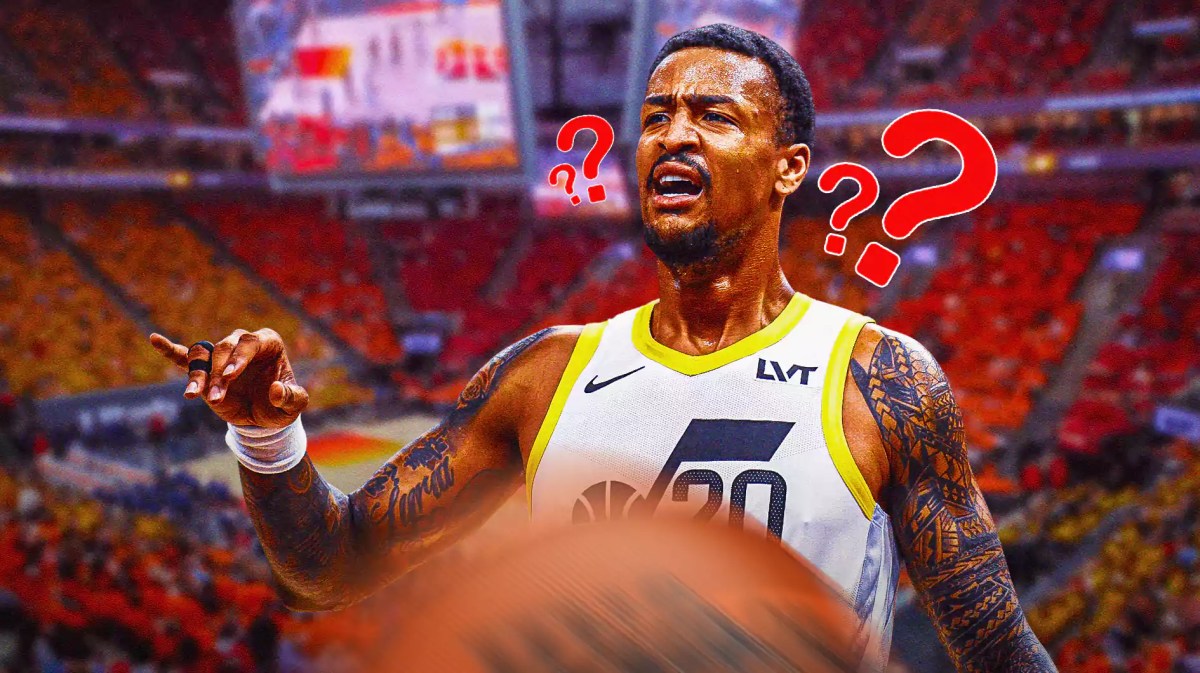 John Collins with question marks around his head and the Jazz arena in the background, trade