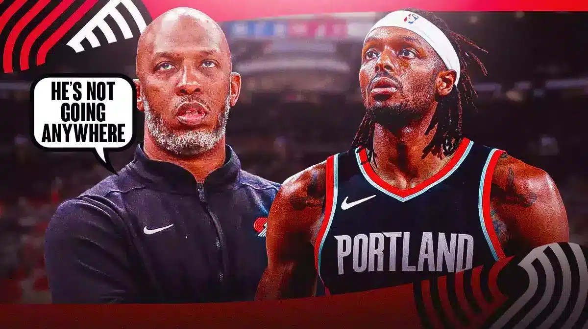 Chauncey Billups saying “He’s not going anywhere” with Jerami Grant beside him.