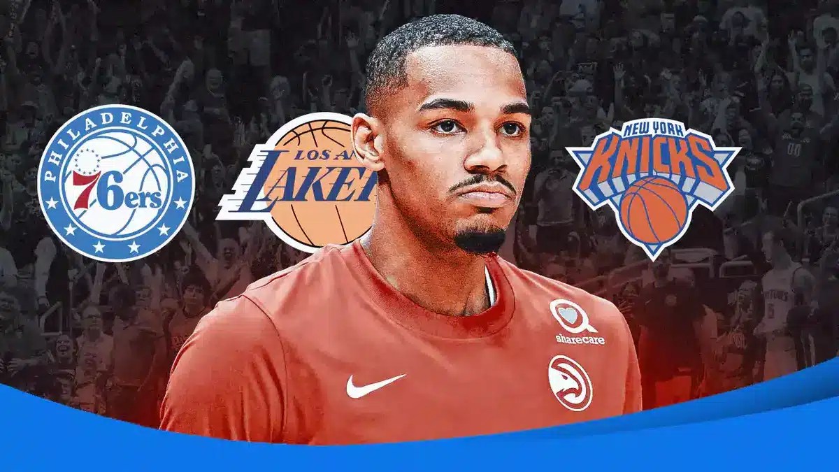 Dejounte Murray in front of the Sixers, Lakers, and Knicks logos