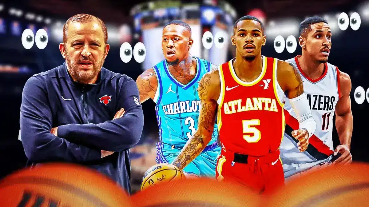 Knicks coach Tom Thibodeau looking at Dejounte Murray, Malcolm Brogdon, and Terry Rozier.