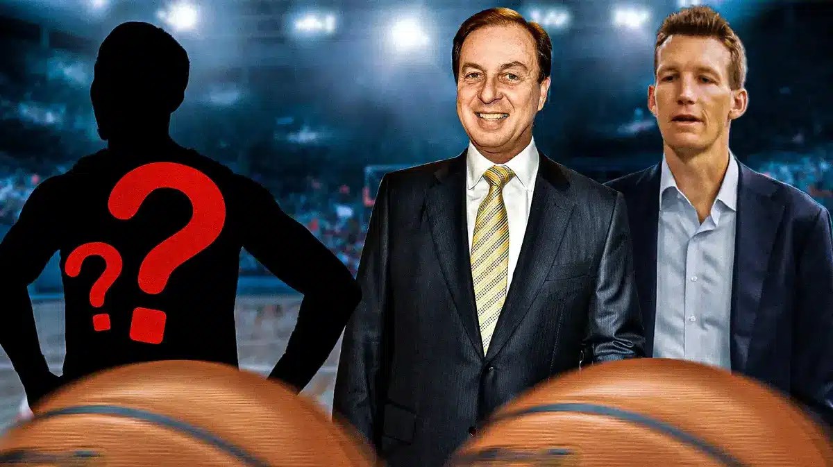 Warriors owner Joe Lacob alongside MIke Dunleavy Jr. and a blacked out player with question marks
