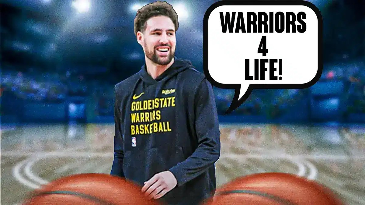 Klay Thompson with a speech bubble, “Warriors 4 Life!”