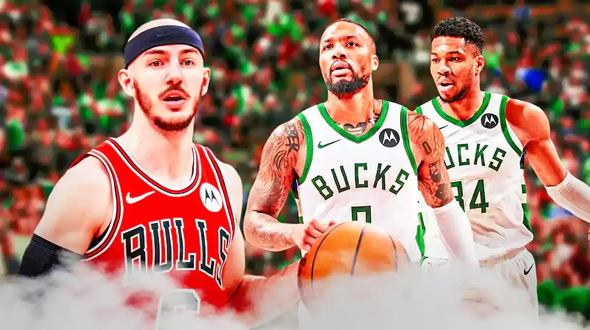 Bucks players Giannis Antetokounmpo and Damian Lillard looking at Bulls guard Alex Caruso.