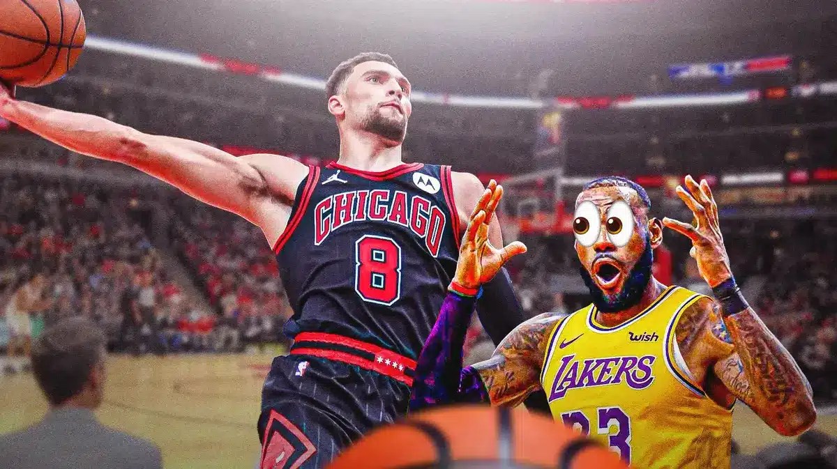 Bulls' Zach LaVine dunking a basketball. Lakers' LeBron James eyes popping out looking at LaVine.