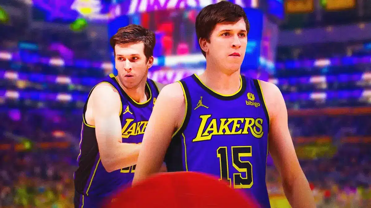 Austin Reaves with Lakers background