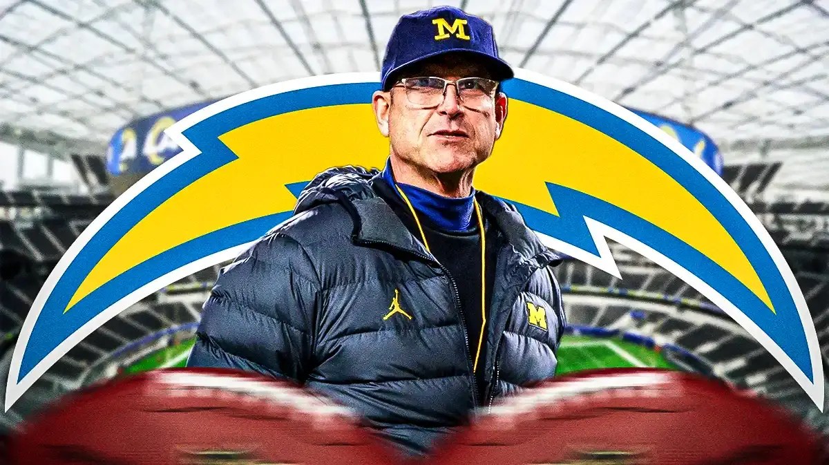 Photo: Jim Harbaugh coaching in Michigan football gear, SoFi Stadium, LA Chargers logo in background