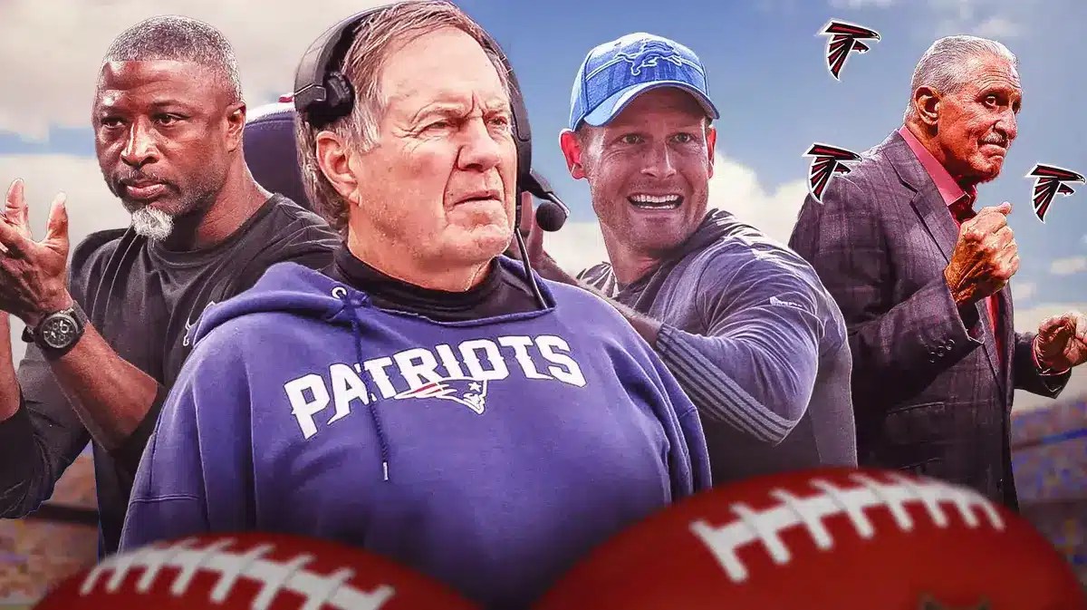 Bill Belichick, Aaron Glenn, Ben Johnson all hyped up, with Falcons logo around them and Arthur Blank smiling at them