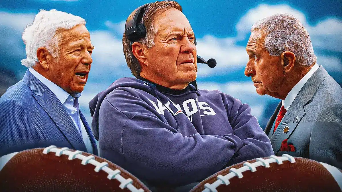 e: Bill Belichick in the middle, with Patriots owner Robert Kraft on the left and Falcons owner Arthur Blank on the right