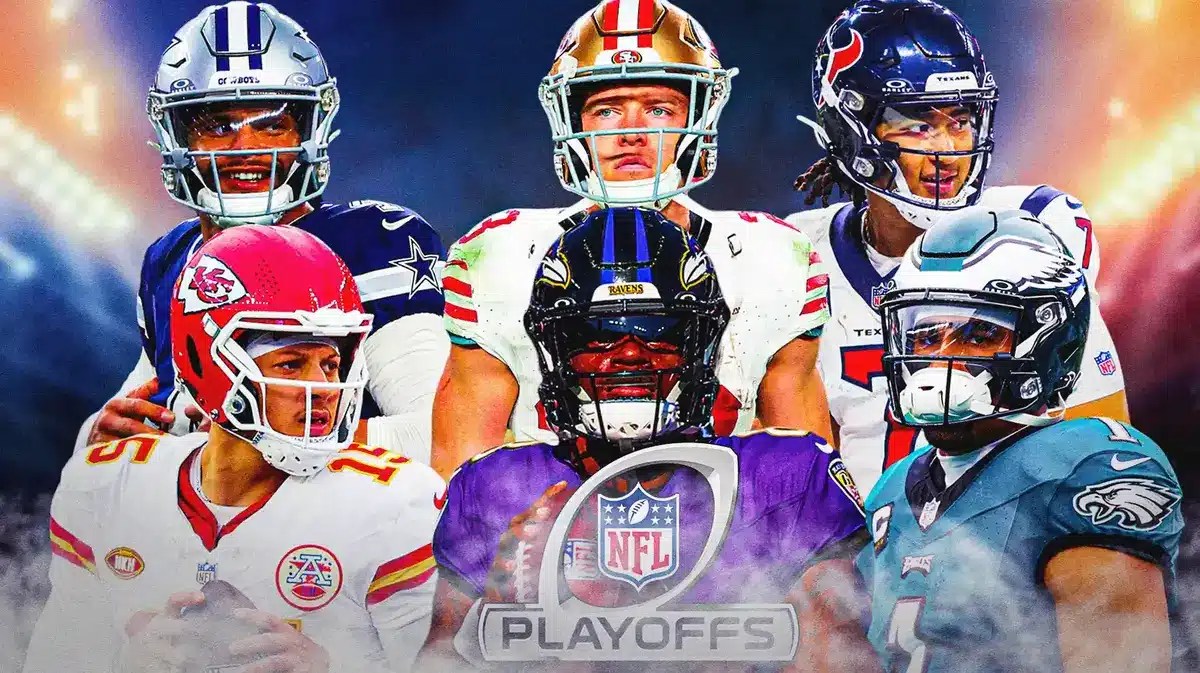 Patrick Mahomes, Lamar Jackson, Jalen Hurts, Dak Prescott, Christian McCaffrey, C.J. Stroud. NFL playoffs logo in front.