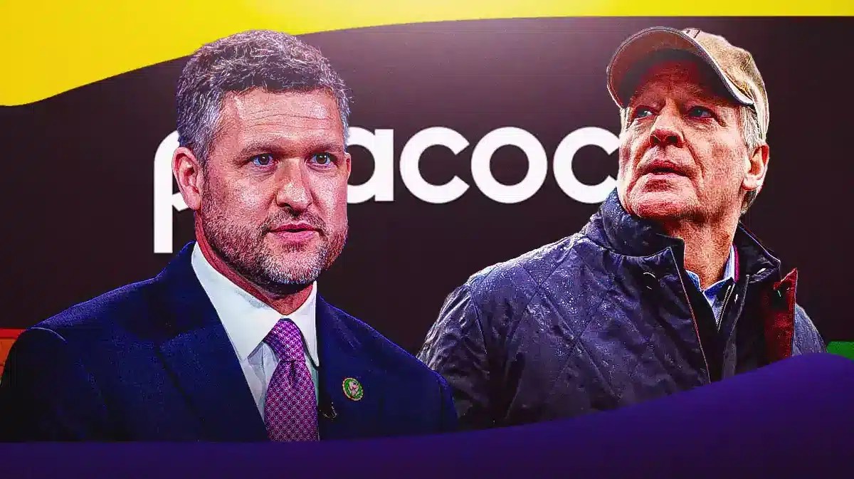 Rep. Pat Ryan on the left. Roger Goodell on the right. Peacock logo at the back