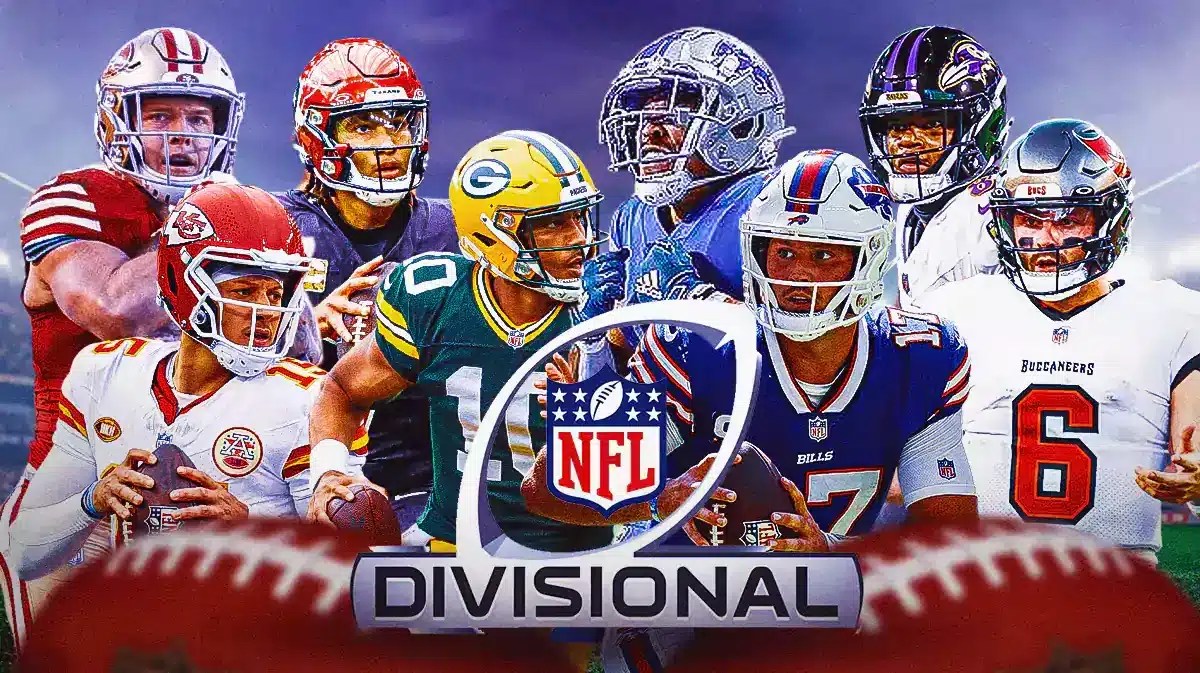 Patrick Mahomes, CJ Stroud, Christian McCaffrey, Jordan Love, Amon-Ra St. Brown, Josh Allen, Lamar Jackson, Baker Mayfield all together with NFL Divisional Round logo front and center.