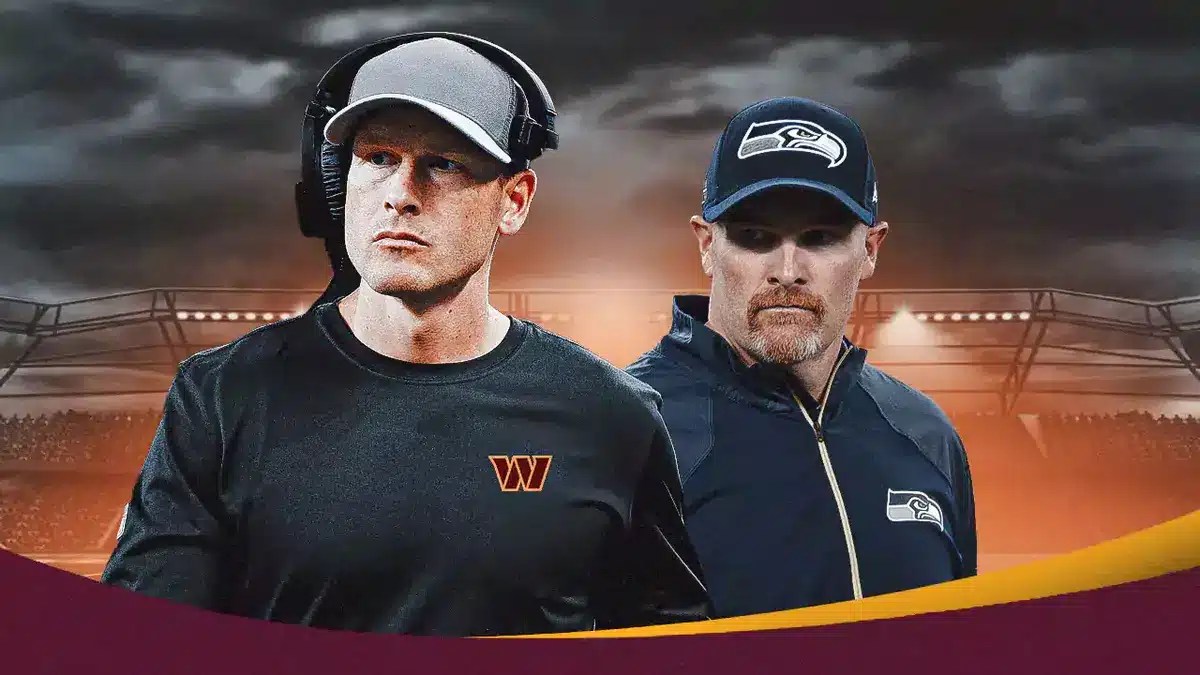 Ben Johnson in Commanders gear, Dan Quinn in Seahawks gear. “Not so fast” across the screen.