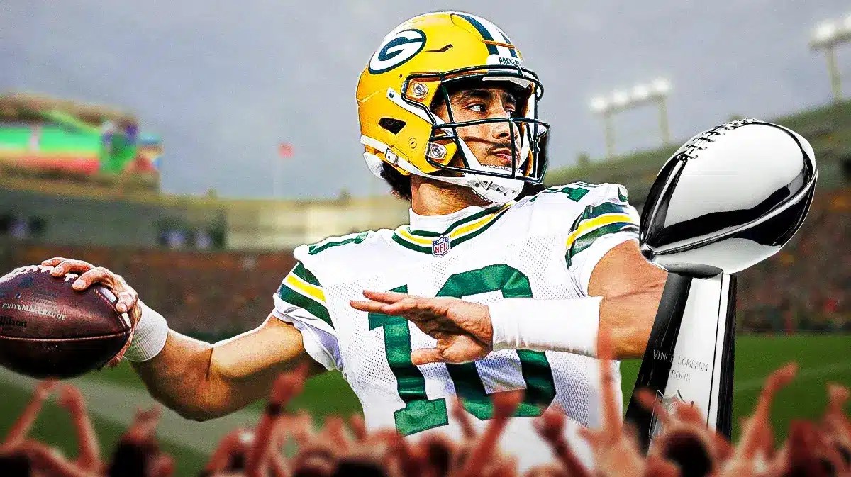 Packers, Jordan Love, Packers Super Bowl, NFL Rumors, Super Bowl 59, Jordan Love and Lombardi Trophy with Packers stadium in the background