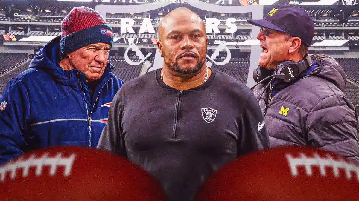 Antonio Pierce in front. Bill Belichick on left. Jim Harbaugh on right. Raiders logo background.