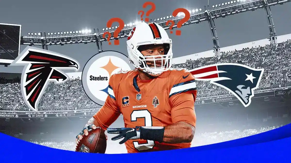 Russell Wilson with several question marks above his head, along with logos of the Falcons, Steelers and Patriots in the background