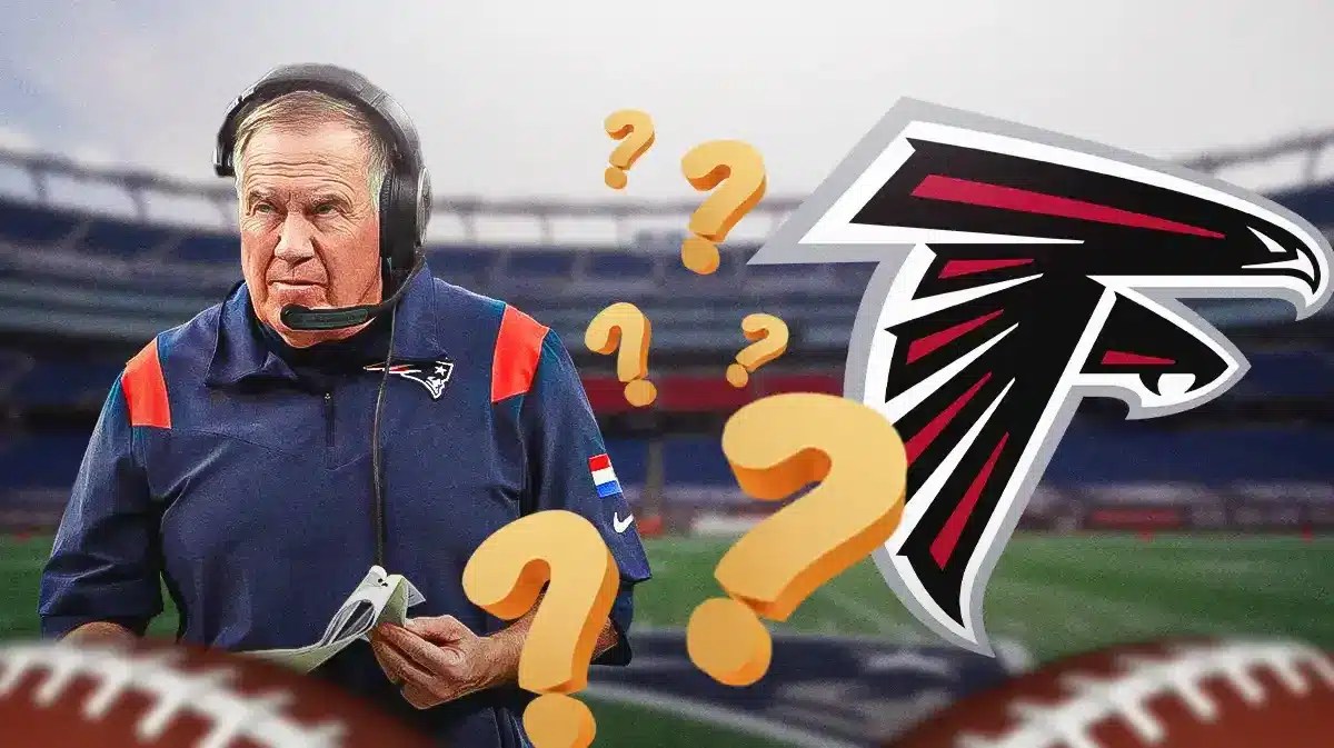 Patriots' Bill Belichick on left. Atlanta Falcons' logo on right. Question mark in middle.
