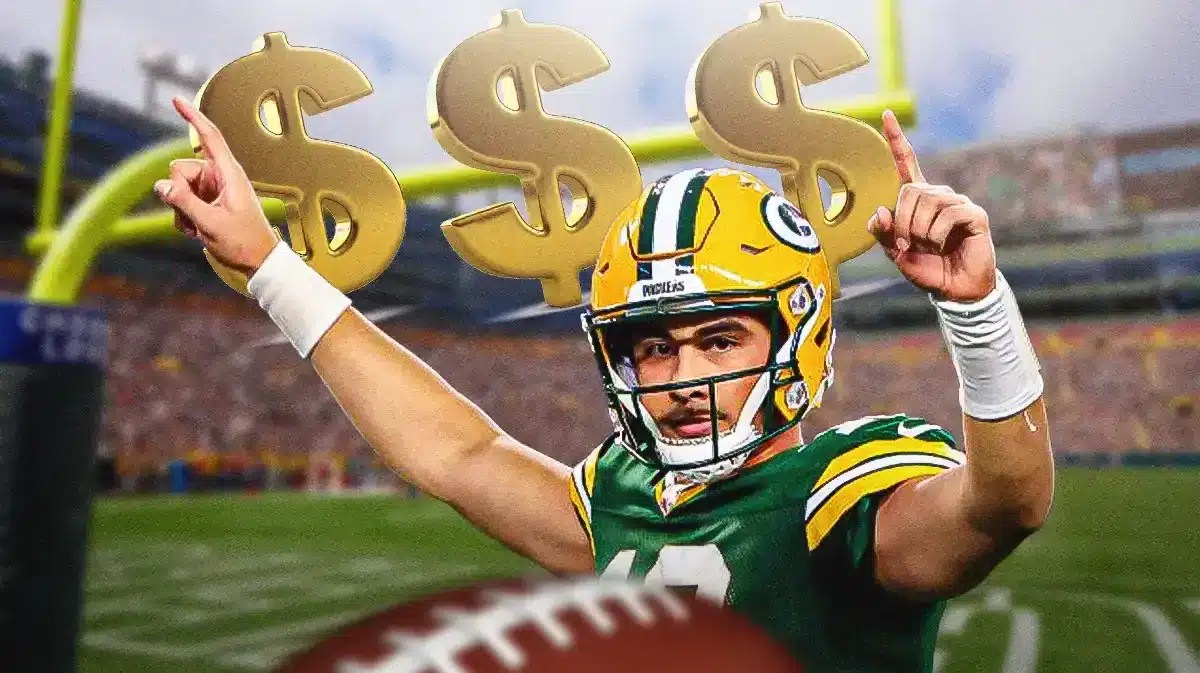 Packers QB Jordan Love surrounded by dollar signs