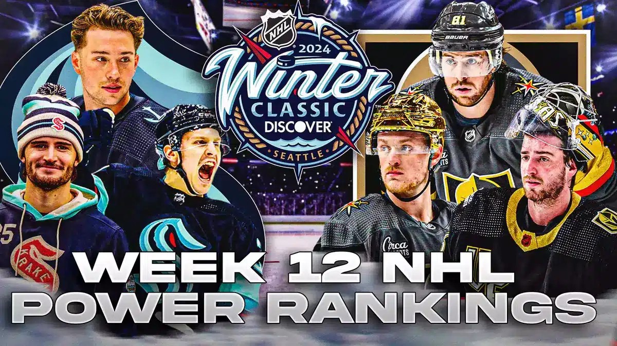 Joey Daccord, Eeli Tolvanen and Vince Dunn looking happy, SEA Kraken logo on left side, Logan Thompson, Jack Eichel and Jonathan Marchessault looking stern, Vegas Golden Knights logo on right, NHL Winter Classic logo in middle, NHL Winter Classic rink in background NHL Power Rankings Week 12 Text: Week 12 NHL Power Rankings