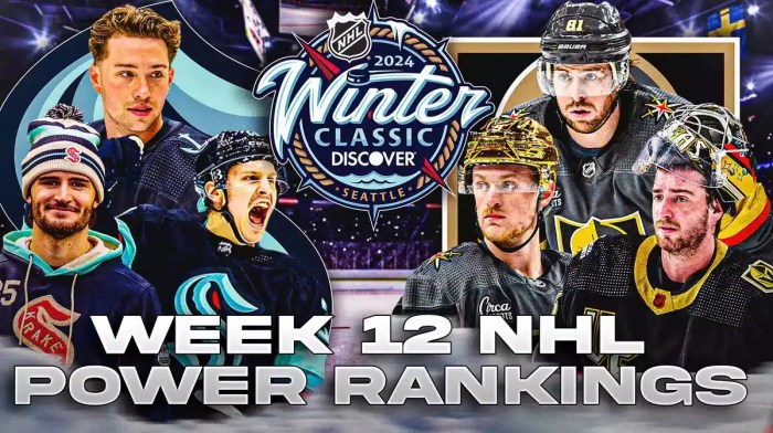 Joey Daccord, Eeli Tolvanen and Vince Dunn looking happy, SEA Kraken logo on left side, Logan Thompson, Jack Eichel and Jonathan Marchessault looking stern, Vegas Golden Knights logo on right, NHL Winter Classic logo in middle, NHL Winter Classic rink in background NHL Power Rankings Week 12 Text: Week 12 NHL Power Rankings