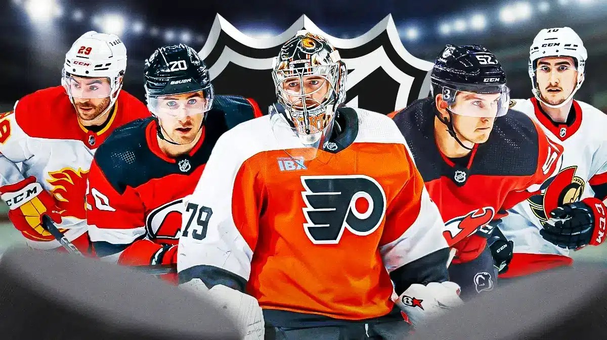 Carter Hart, Michael McLeod, Cal Foote, Dillon Dube, Alex Formenton stands in front of NHL logo
