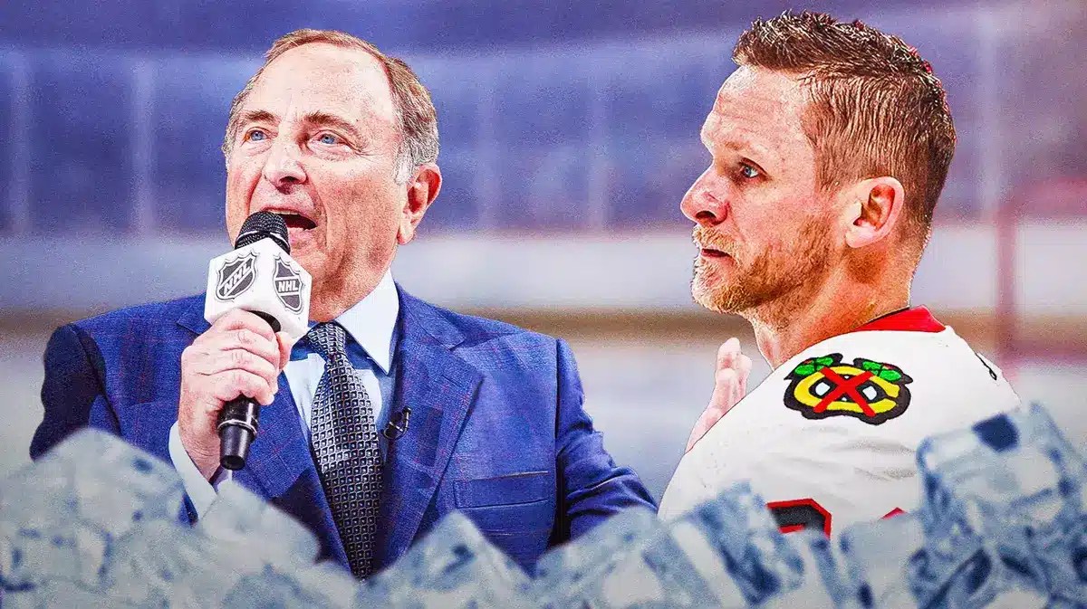 Corey Perry on one side looking stern, Gary Bettman on other side, NHL logo in middle, hockey rink in background