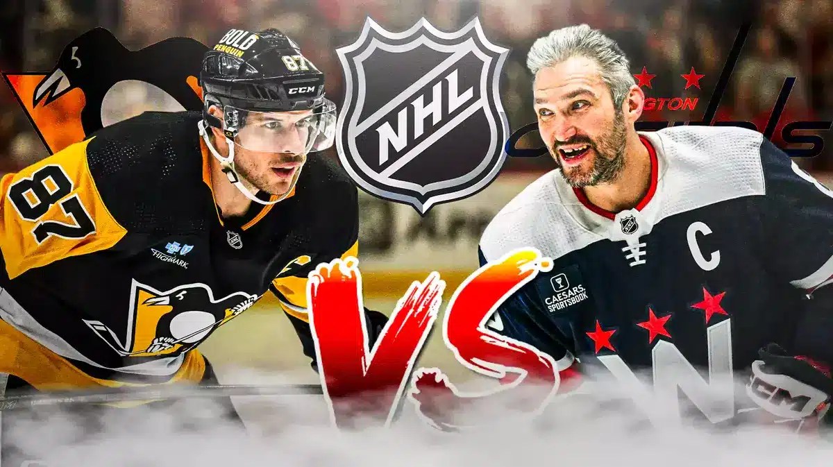 Sidney Crosby on one side with PIT Penguins logo, Alex Ovechkin on other side with WSH Capitals logo, the VS. text in middle, NHL logo in middle, hockey rink in background