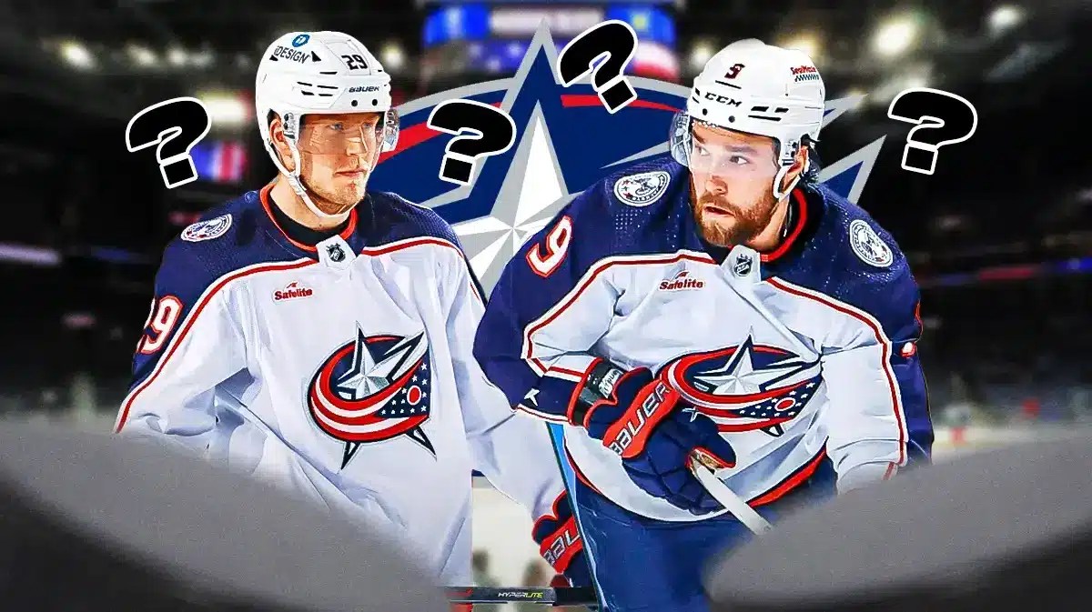 Patrik Laine and Ivan Provorov on either side, Columbus Blue Jackets logo in middle, 3-4 question marks, hockey rink in background