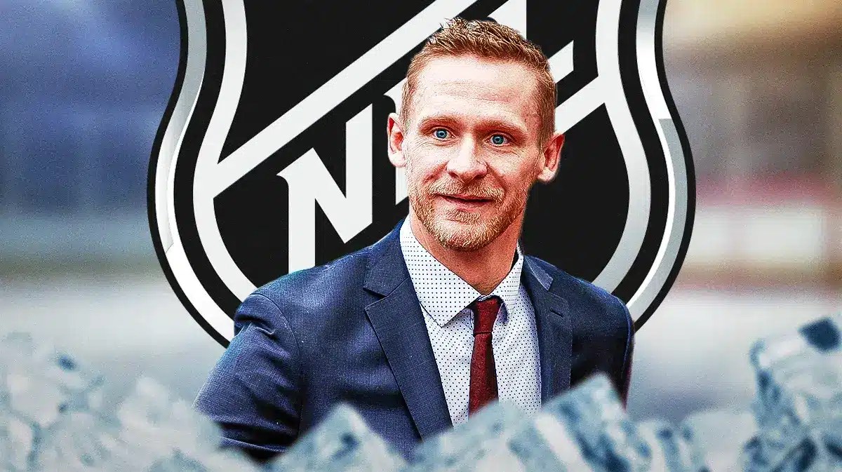 Corey Perry in middle of image in a suit looking hopeful, a few question marks around him, NHL logo, hockey rink in background