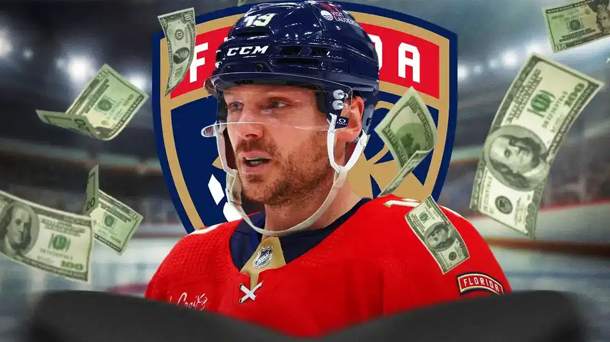 Sam Reinhart in middle of image looking happy, FLA Panthers logo, money in image to represent contract, hockey rink in background