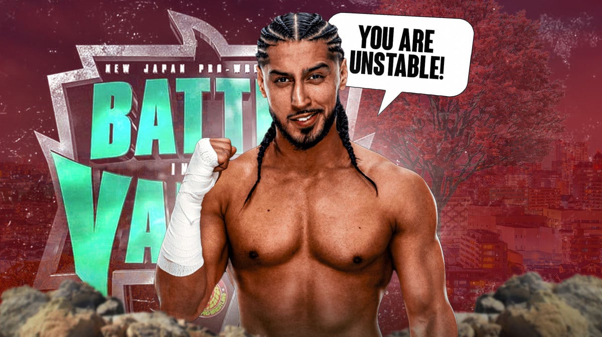 Mustafa Ali with a text bubble reading “You are unstable!” with the New Japan Pro Wrestling Battle in the Valley logo as the background.