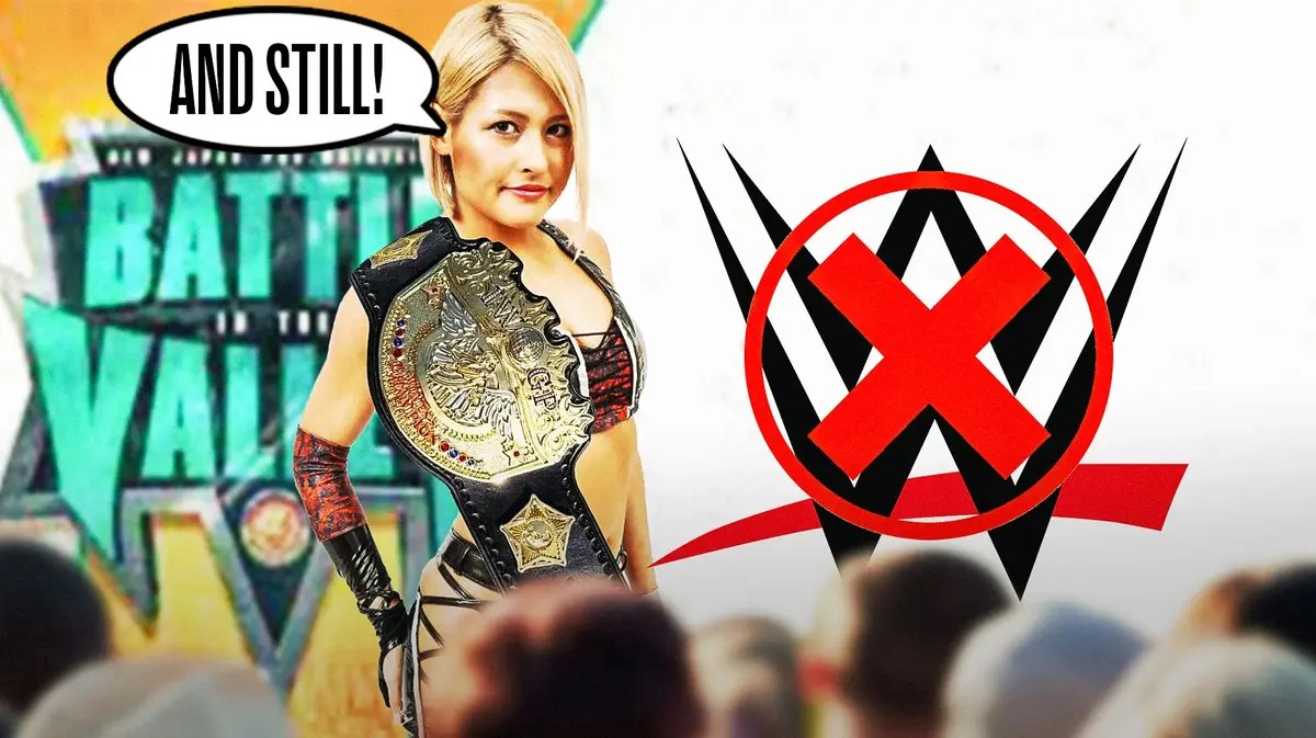 Giulia wearing the IWGP Woman Championship with a text bubble reading “And still!” next to a crossed out WWE logo with the New Japan Pro Wrestling Battle in the Valley logo as the background.