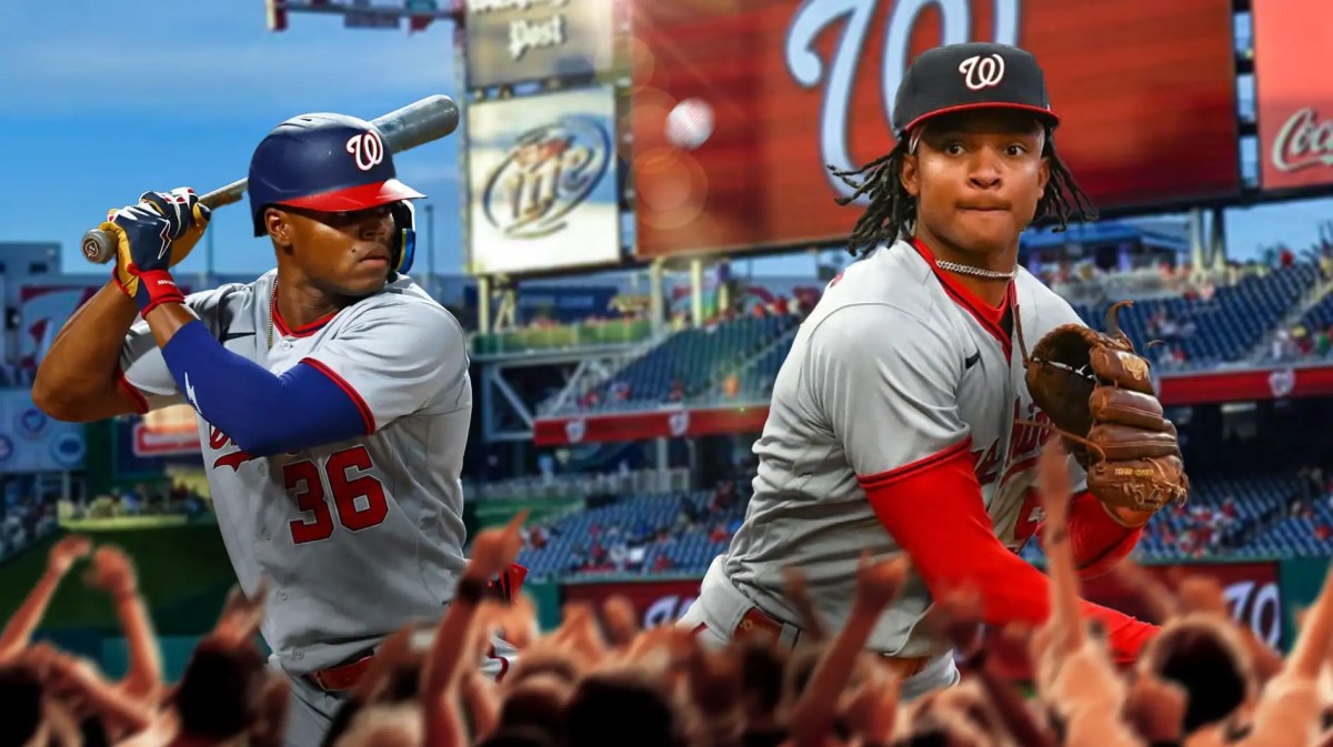 Nationals players on the left and right.