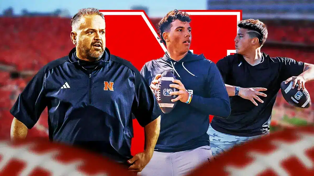 Nebraska football coach Matt Rhule looking at Dylan Raiola and Dayton Raiola