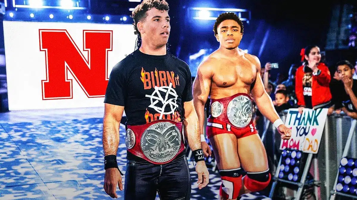 Dylan Raiola (nebraska football QB) and Isaiah Neyor (Texas football) as wrestlers making entrance